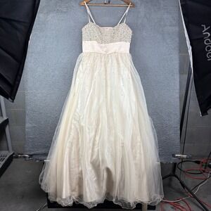 Dave & Johnny Champagne Sequin Beaded Tulle Prom Gown Dress 19/20 Plus Size
